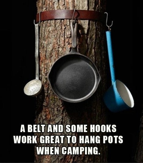 A Belt & some Hooks work great to Hang Pots & Pans when Camping! More awesome camping ideas at KitchenFunWithMy3Sons.com