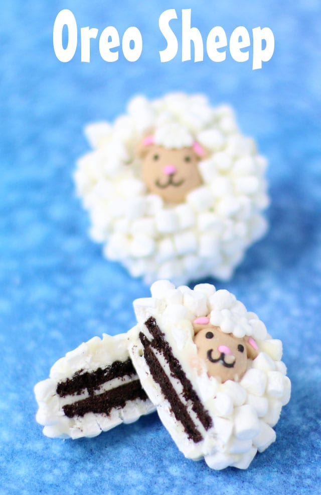 Dip Oreo Cookies in white chocolate then toss on lots of tiny marshmallows and a candy lamb head. These Oreo Sheep make the perfect Easter treat. 
