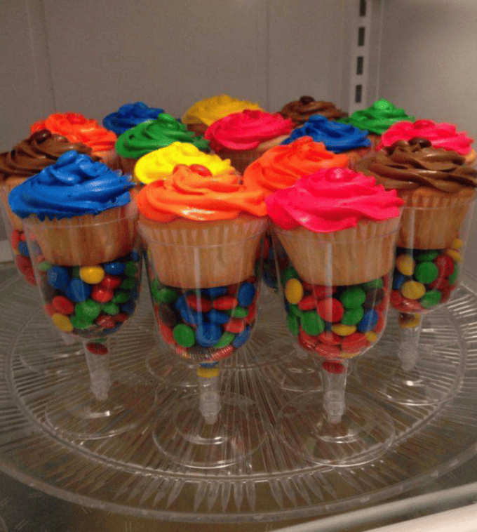 M&M Plastic Wine Glass Cupcake Holders....Over 20 of the BEST Cupcake Ideas for Parties & Bake Sales from KitchenFunWithMy3Sons.com