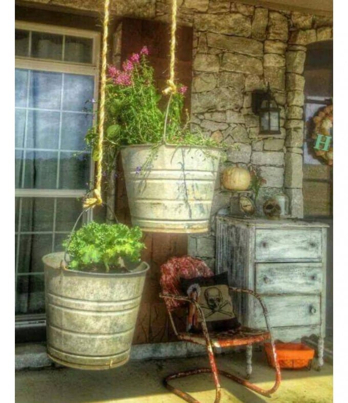 Rustic Hanging Bucket Plants