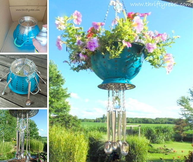 Hanging Colander Flower Pots with Spoon Wind Chimes! 