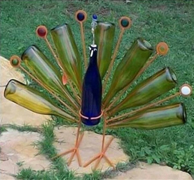 Wine Bottle Peacock Yard Art
