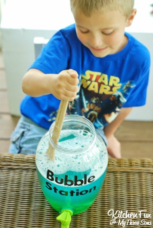 DIY Bubble Refill Station with Homemade Bubbles Recipe from KitchenFunWithMy3Sons.com