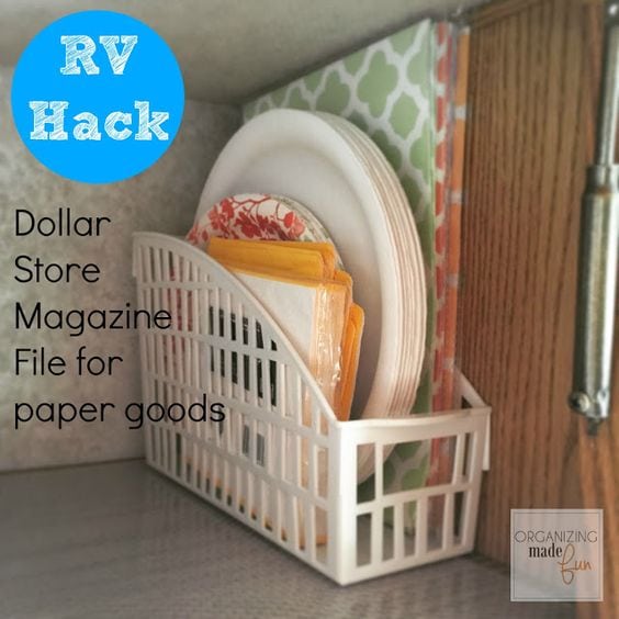 Dollar Store Magazine Holder for Paper Plates & Napkins...great Camping Idea!