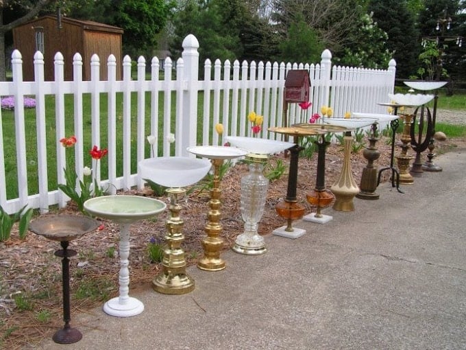 Turn an Old Lamp into a Bird Bath by adding a bowl on top...awesome Upcycle ideas!