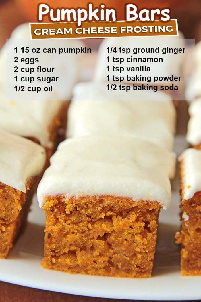 A shot of nine pumpkin bars neatly arranged on a tray, with the recipe overlaid on the photo.