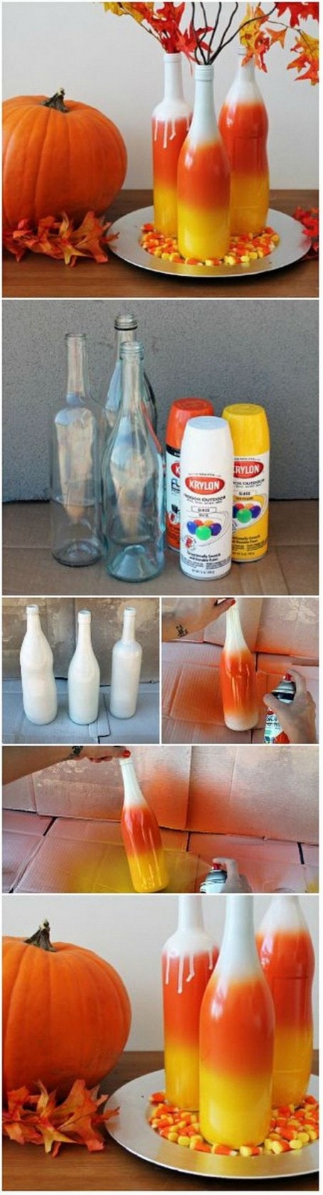 DIY Ombre Candy Corn Bottles...these are the BEST Homemade Fall Decorations & Craft Ideas!