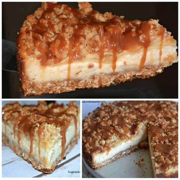 A graphic with three photos of Caramel Apple Crisp Cheesecake. Two photos show caramel-drizzled slices, while the third photo is of the cheesecake with a slice cut out of it.