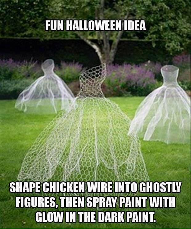 Shape Chicken Wire into Ghostly Figures then Spray Paint with Glow in the Dark Paint...these are the BEST Homemade Halloween Decorations & Craft Ideas!