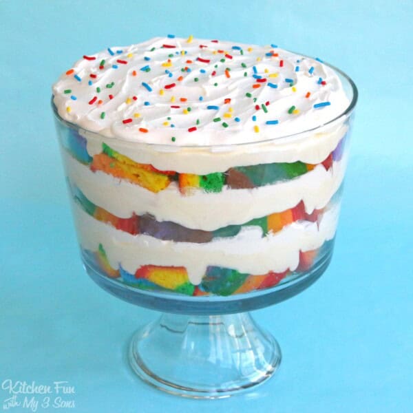 Rainbow Trifle....layered with cake, white chocolate pudding, and whipped cream!