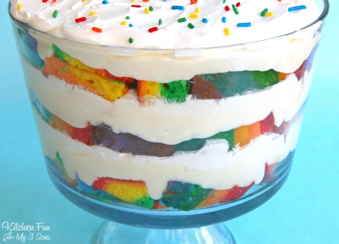 Rainbow Trifle....layered with cake, white chocolate pudding, and whipped cream!