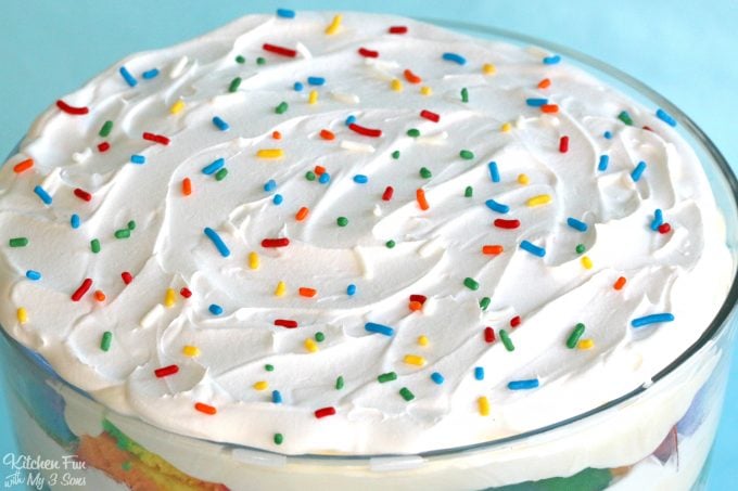 Rainbow Trifle....layered with cake, white chocolate pudding, and whipped cream!