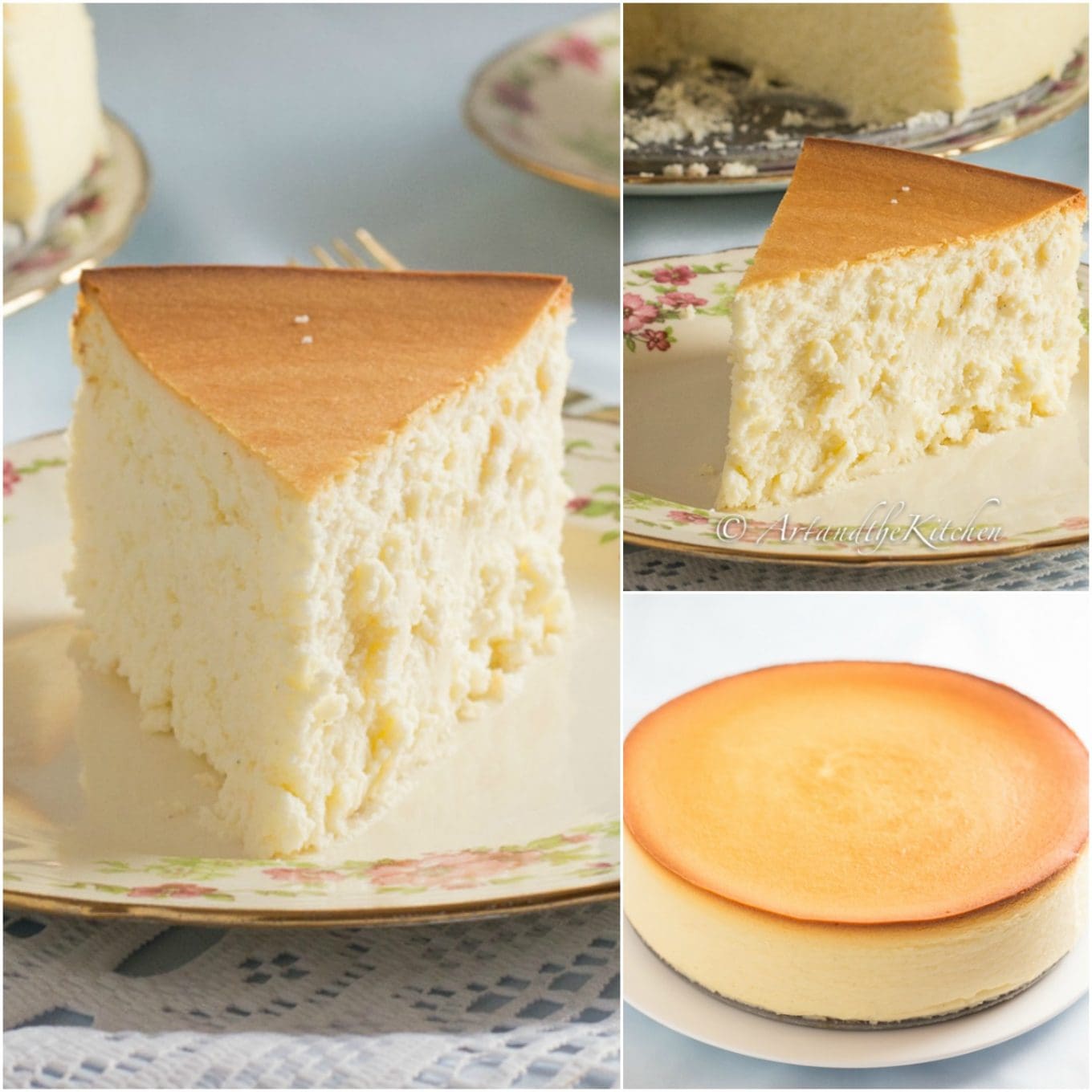 Collage of photos of a new york cheesecake