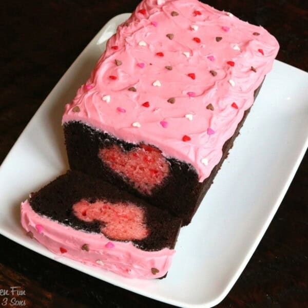 Valentine Surprise Cake...using a chocolate loaf cake! Such a fun & easy idea for Valentine's Day!