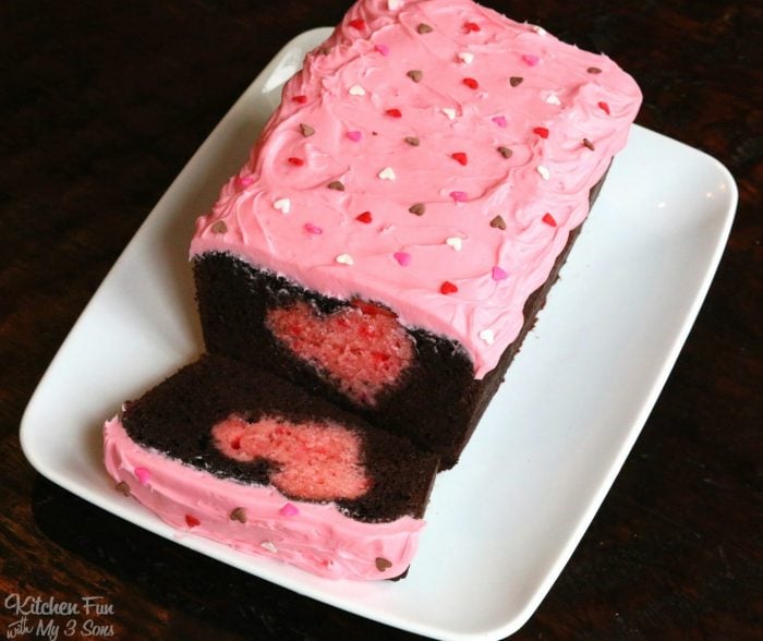 Valentine Surprise Cake...using a chocolate loaf cake! Such a fun & easy idea for Valentine's Day!