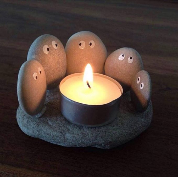 Rock people sitting around a Campfire Candle...so cute!
