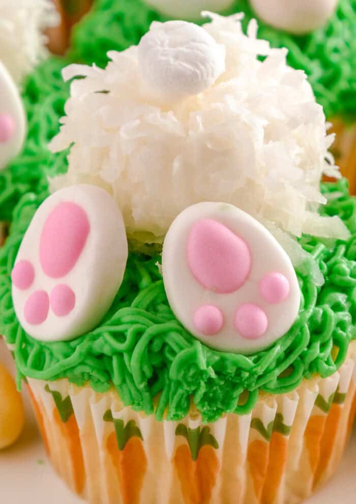 Bunny Butt Cupcakes are the cutest Easter treat and loved by kids and adults! close up view of a Bunny Butt Cupcake