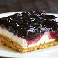 Blueberry cheesecake on a white plate.