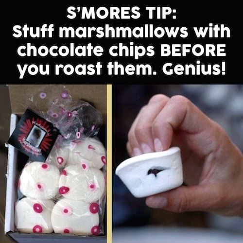Chocolate stuffed marshmallows for S'mores...these are the BEST Camping Recipes!