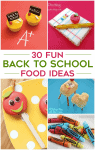 A collage of five images of different back-to-school crafts and snacks