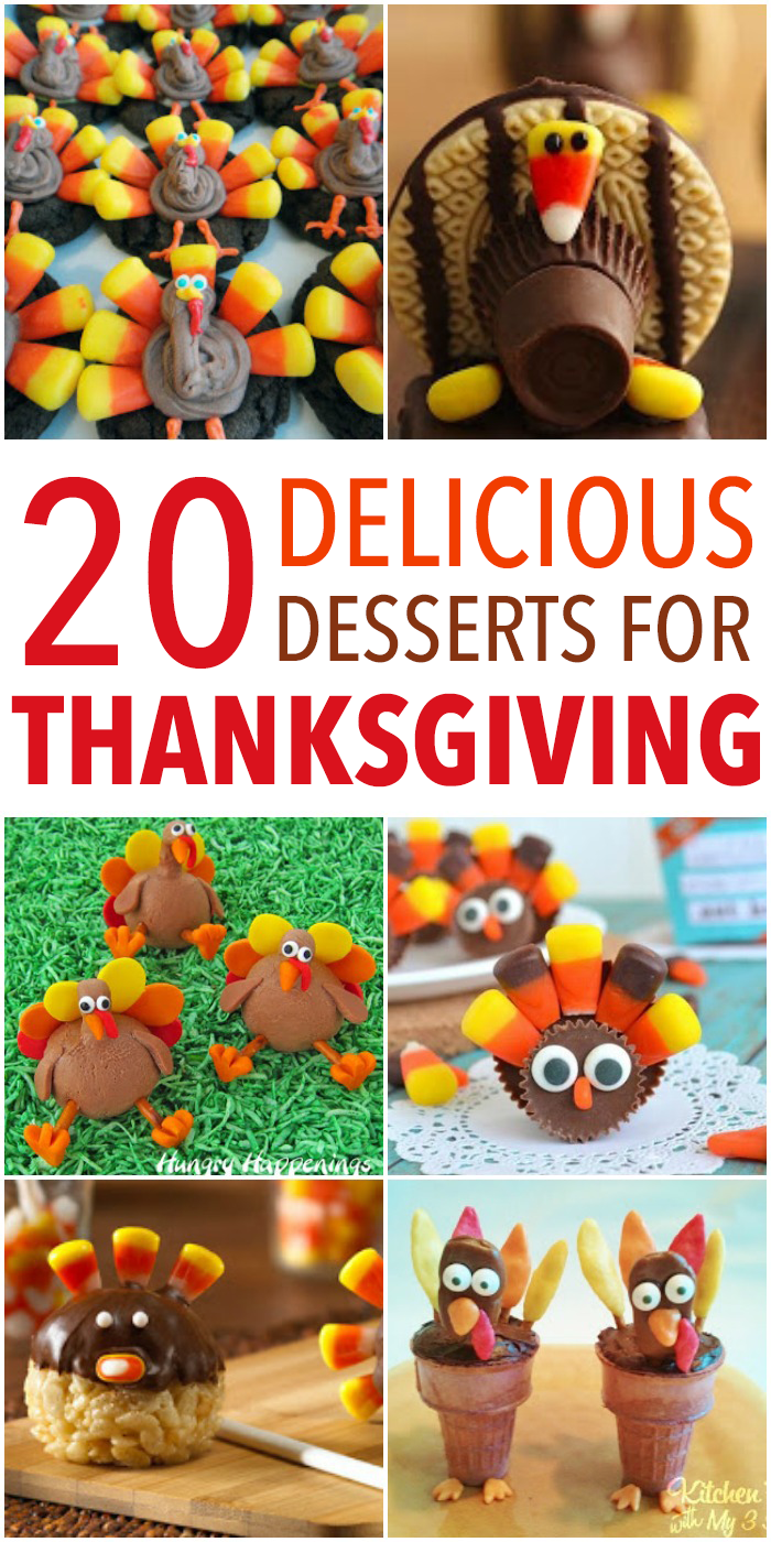 A collage of images of six different Thanksgiving-themed desserts