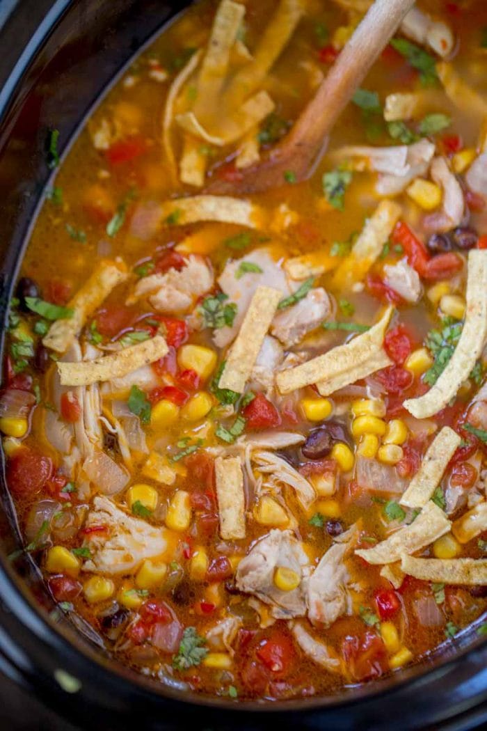 Slow Cooker Chicken Tortilla Soup is the perfect dump and cook soup that will keep you warm as the weather cools down and it's healthy to boot!