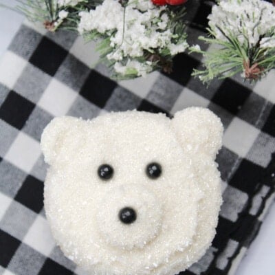 Polar Bear Cupcakes on a table cloth.
