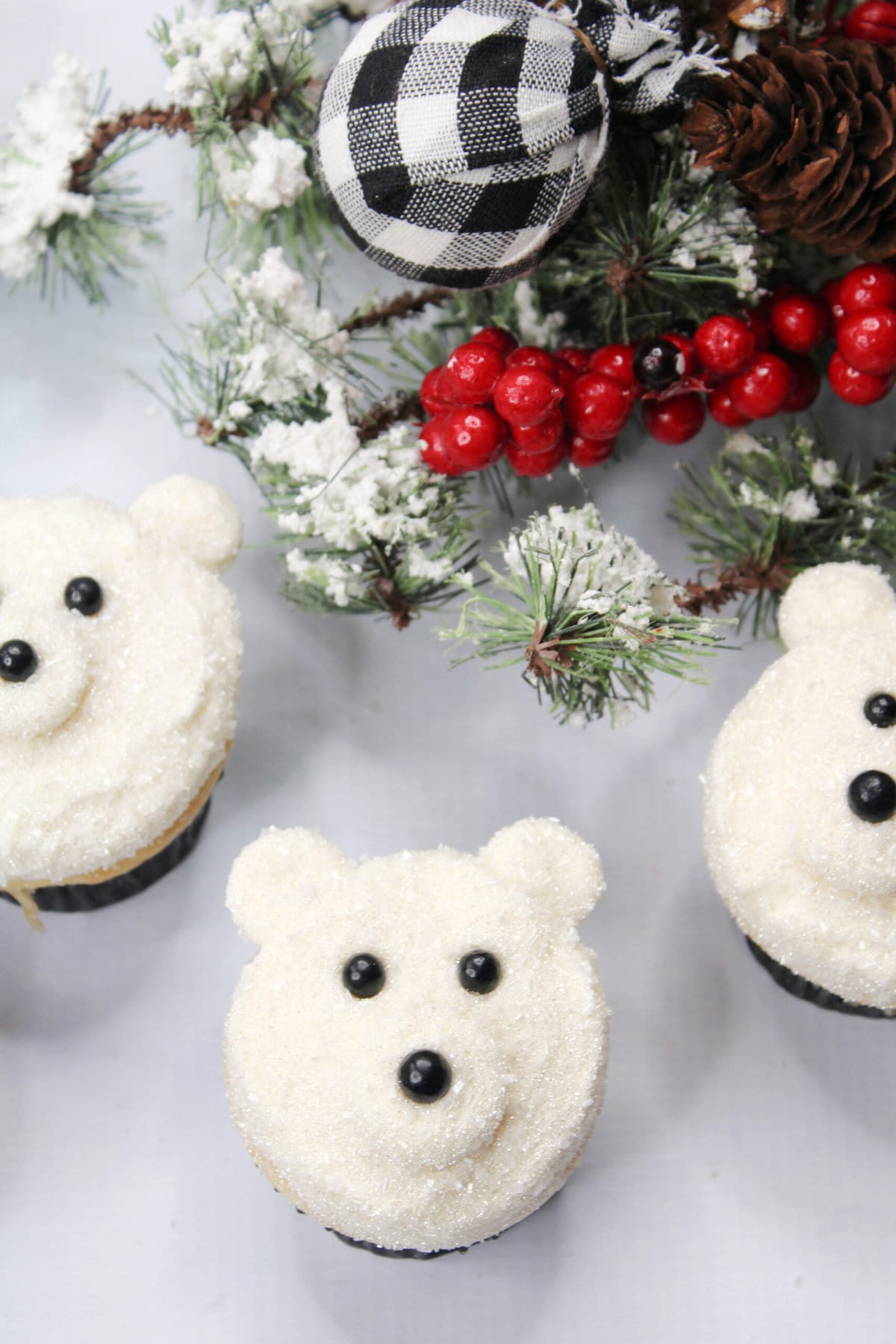 Polar Bear Cupcakes on a table.
