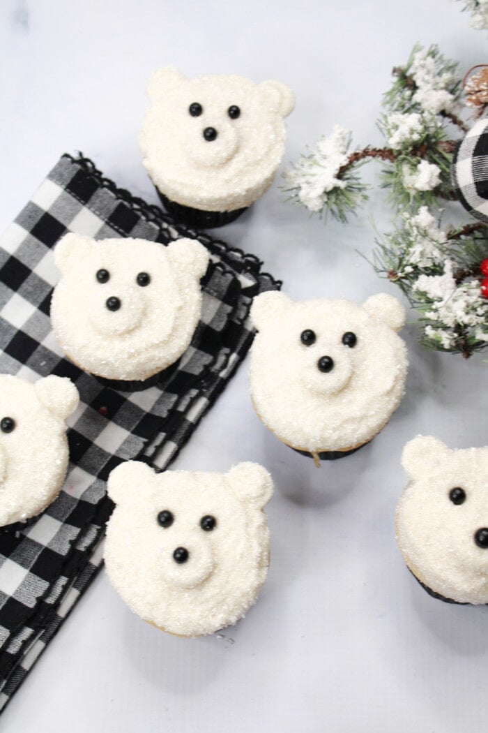 Polar Bear Cupcakes with snow frosted decorations.
