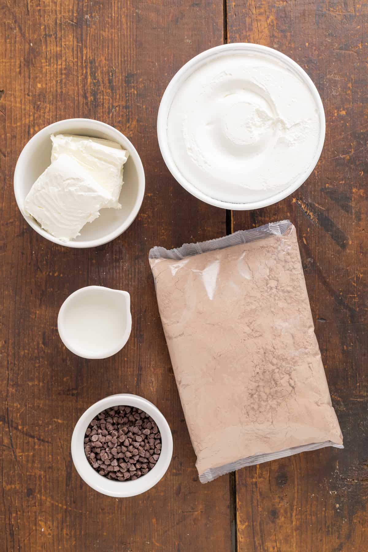 Overhead view of ingredients needed to make brownie batter dip