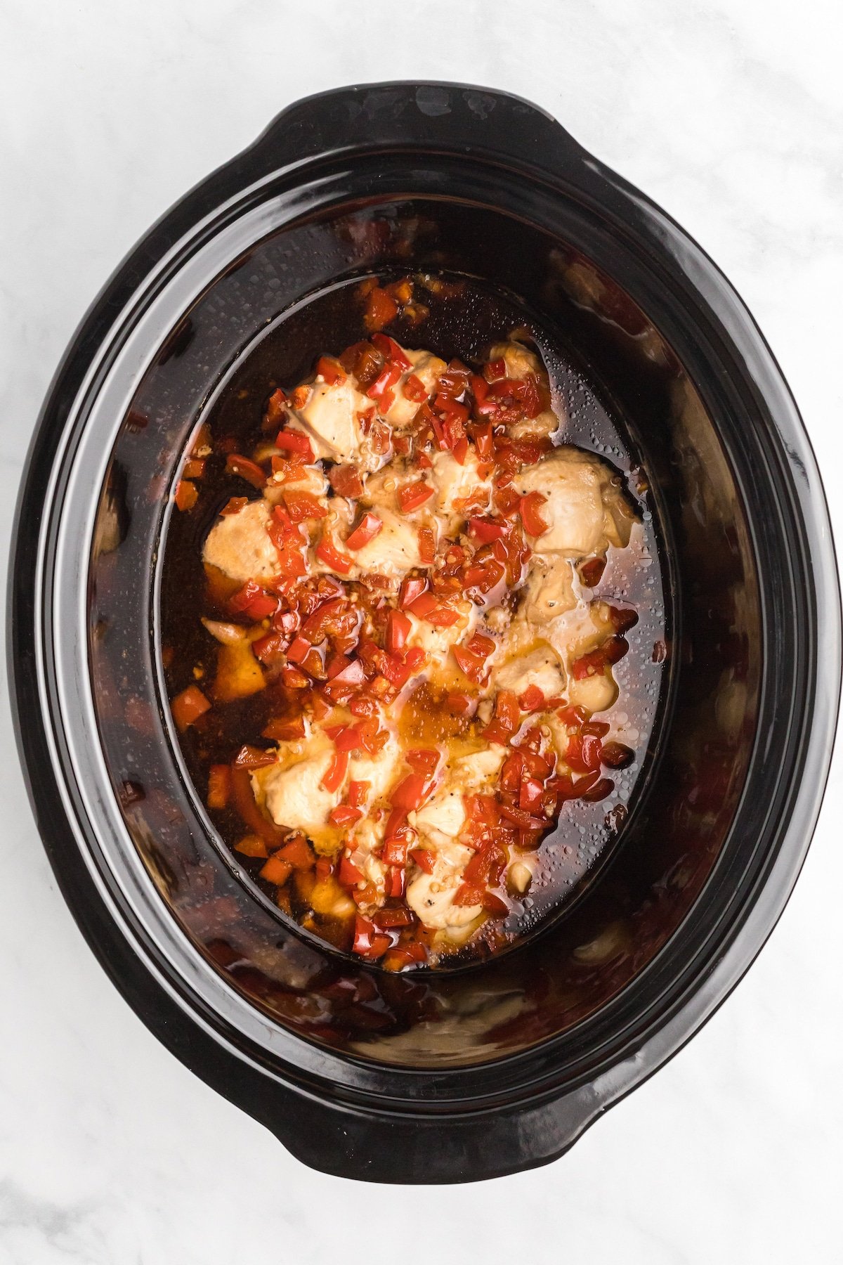 Cooked teriyaki chicken in the slow cooker