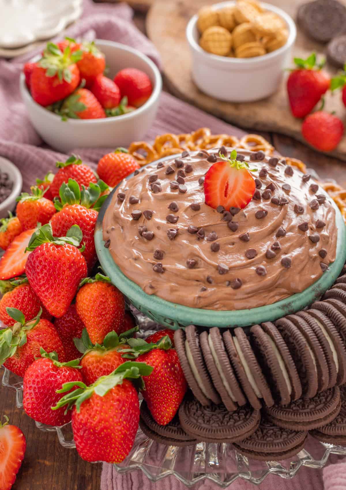 Brownie Batter Dip with strawberries and cookies