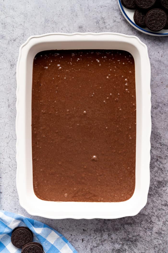 chocolate cake batter in a baking dish