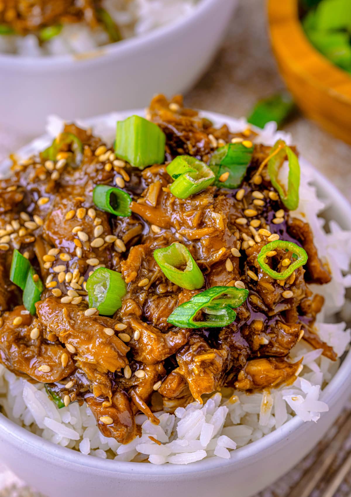 Slow Cooker Teriyaki Chicken in a bowl with rice
