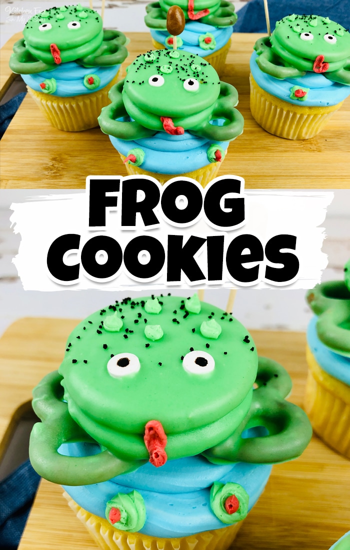 Cute Frog Cookies with chocolate covered Oreos and pretzels perched on top of a cupcake pond and decorated with candy pond reeds.