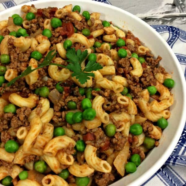 Irish Pasta with ground beef and peas in a bowl