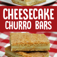 A photo collage with an image of three stacked cheesecake bars over an image of churro cheesecake bars on a plate