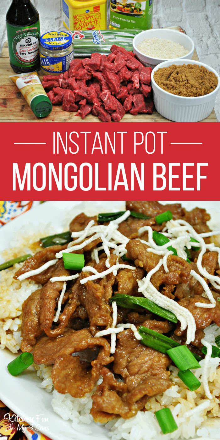 A collage with an image of all the ingredients for Instant Pot Mongolian Beef above an image of the finished product on top of a bed of rice.