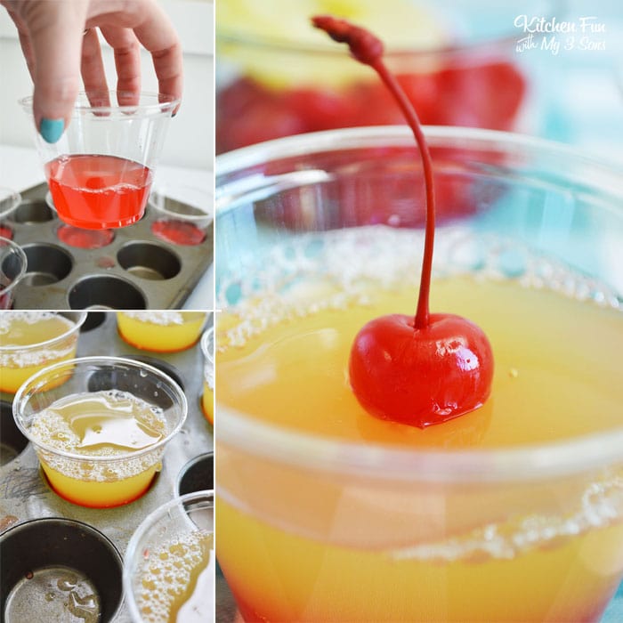 An collage of images showing the steps to make Pineapple Upside Down Cake Shots including the addition of the first layer, the addition of the second layer, and an image of the final product