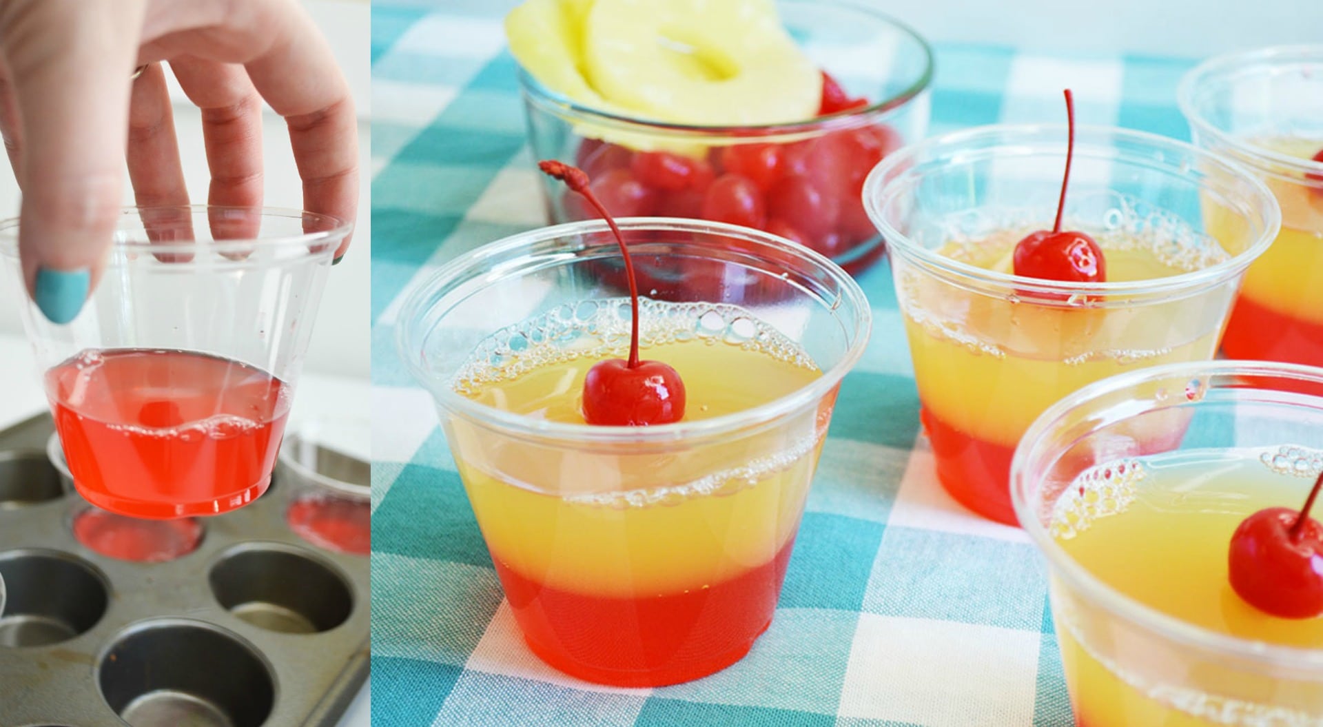 A collage with an image of four cherry and pineapple jello shots next to an image of someone placing a plastic cup full of red jello into a muffin tin