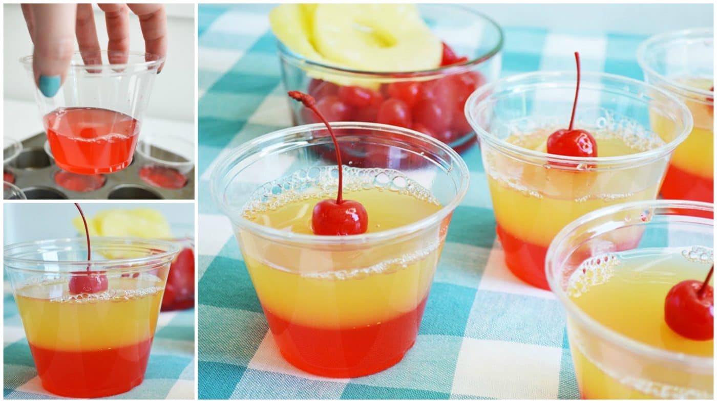 A collage of three images, one of several finished shots, one of a single finished shot, and one of liquid cherry jello being placed in a muffin tin