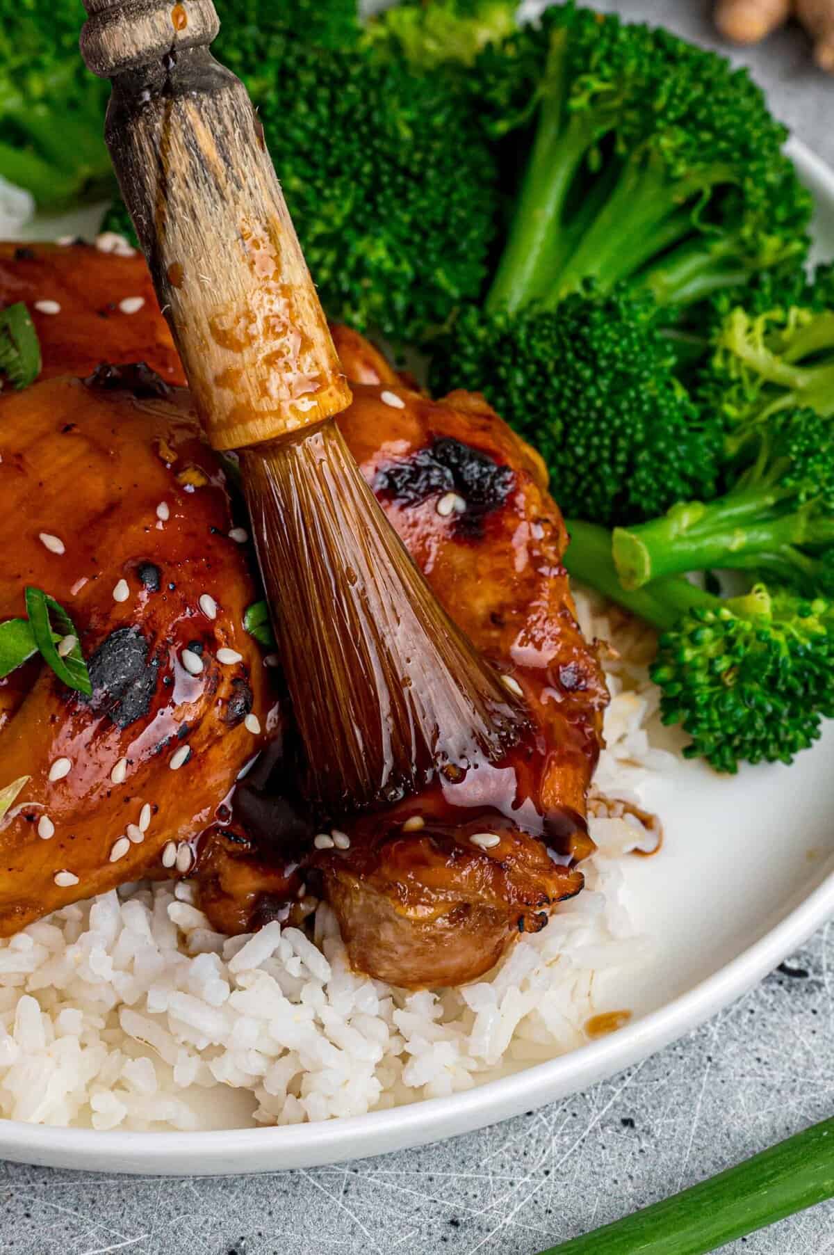 Tender, juicy chicken is baked in a sweet and savory glaze in this Baked Teriyaki Chicken Thighs recipe. Quick & easy! Brushing sauce onto a baked teriyaki chicken thigh