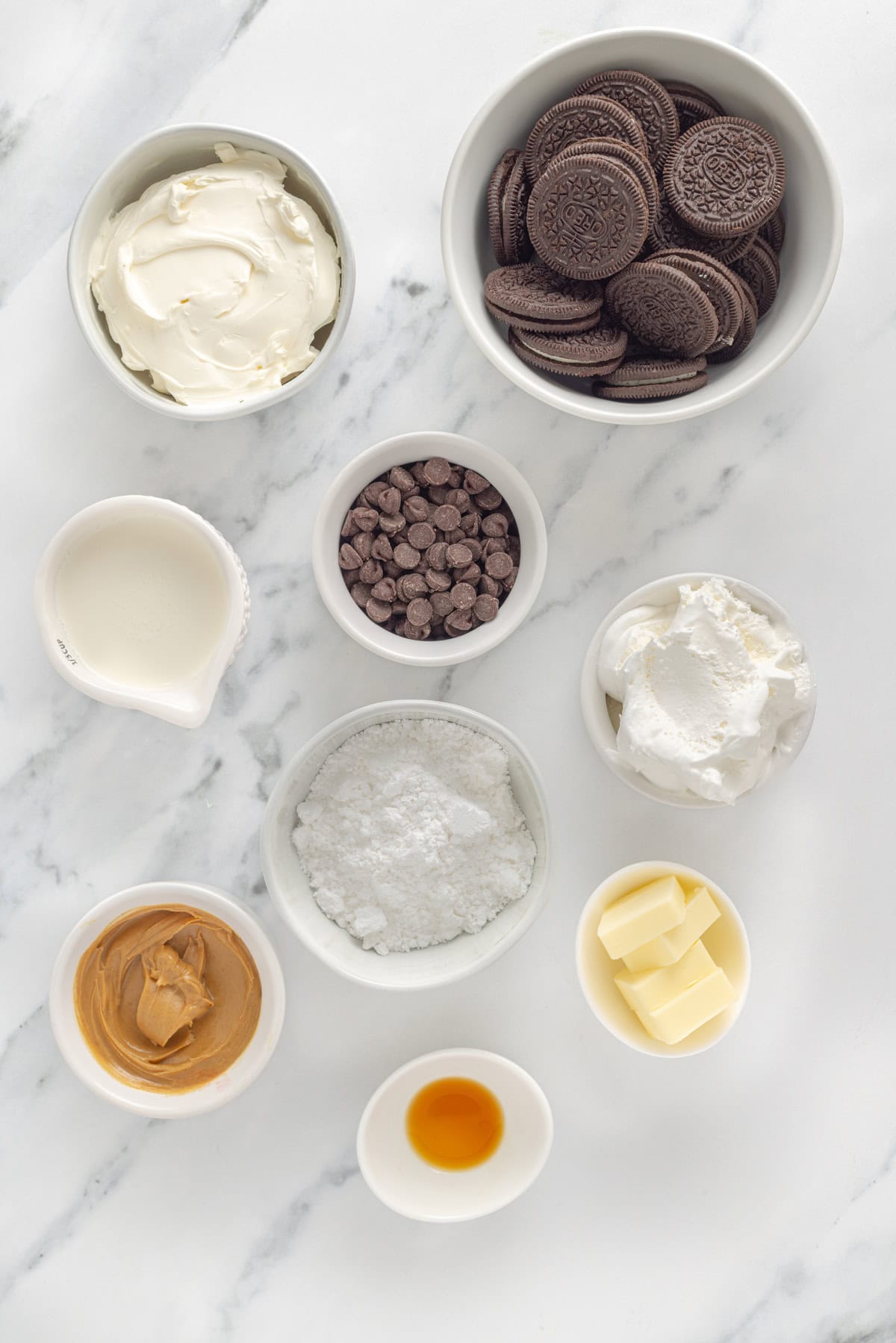 Overhead view of ingredients needed to make chocolate peanut butter pie