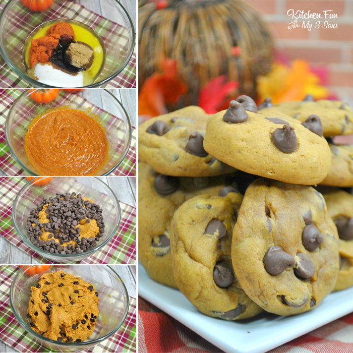 Process shots of how to make pumpkin chocolate chip cookies