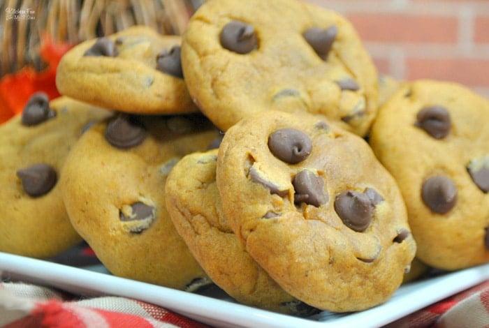 A plate of chocolate chip pumpkin cookies