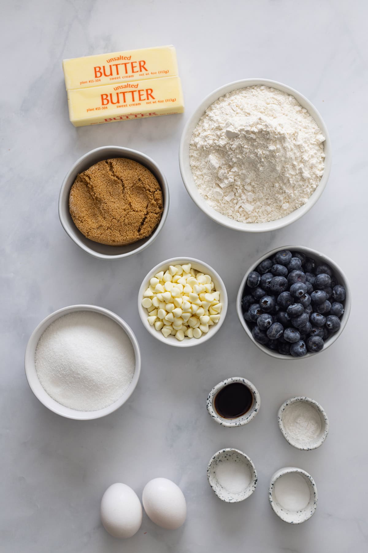 Overhead view of ingredients needed to make blueberry cookies