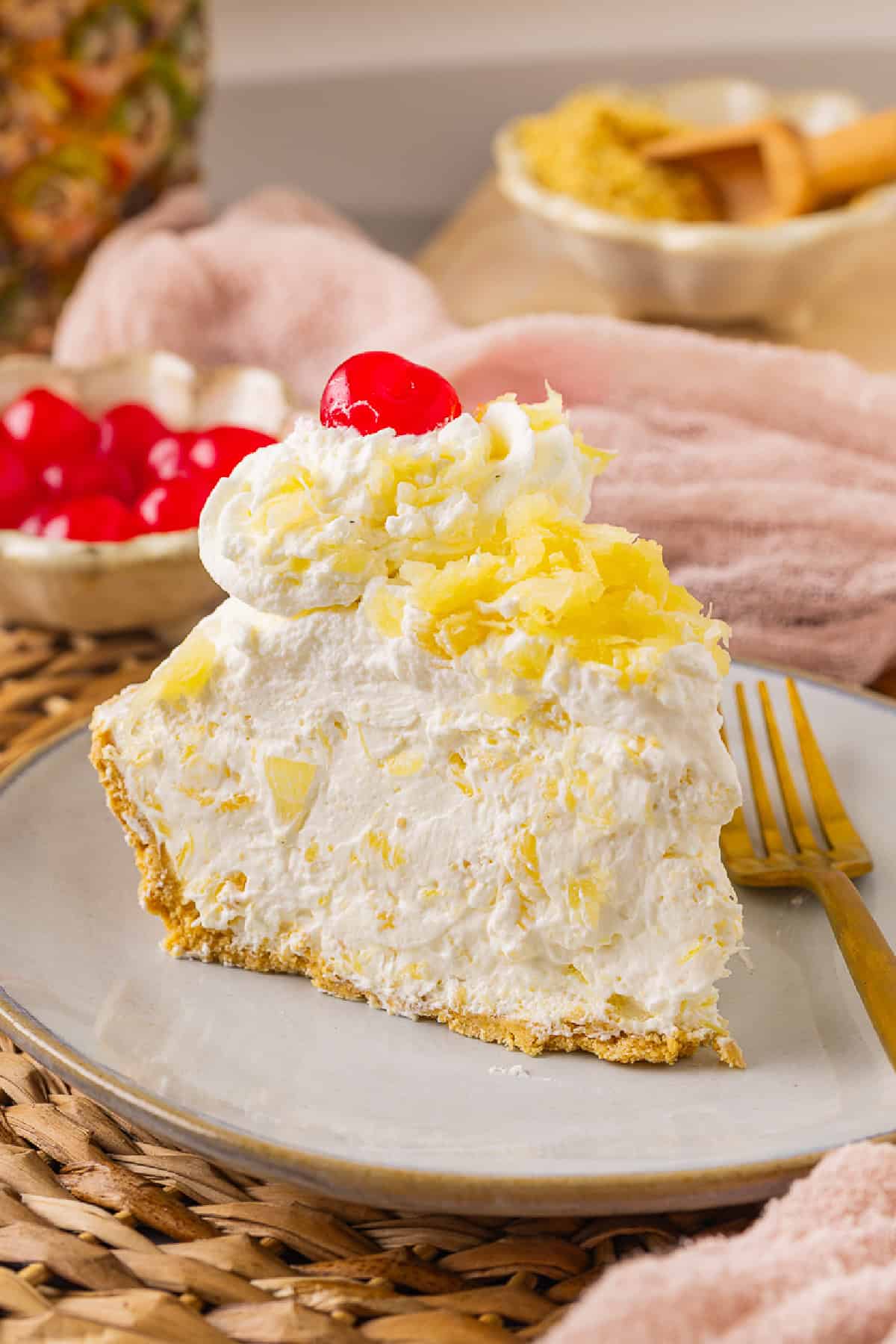 No Bake Pineapple Pie slice on a plate