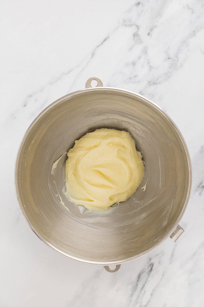 Whipped cream cheese in a mixing bowl