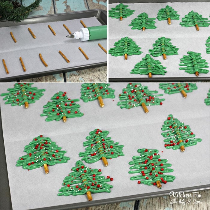 A collage of three images showing the process of making pretzel Christmas trees