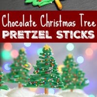 A collage of two different images of chocolate Christmas tree pretzel sticks with sprinkle decorations